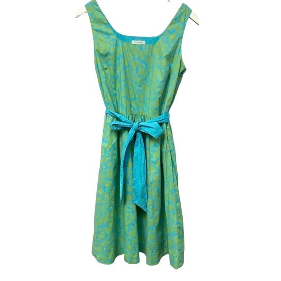 GARNET HILL Cotton Dress Size 8 Green Blue Boho Preppy Print Sleeveless Sash Tie - Picture 13 of 13
